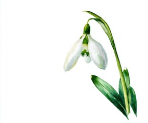 Watercolor Snowdrop Flower Illustration - Delicate Floral Painting on White Background for Spring, Botanical Art, and Nature-Inspired Designs