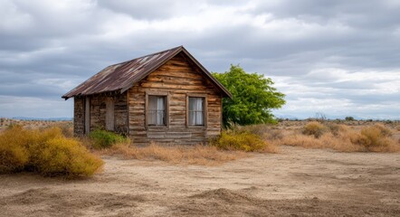 Abandoned wooden cabin stands in the desert landscape. Remote isolation, rural decay, historical architecture, desert survival.