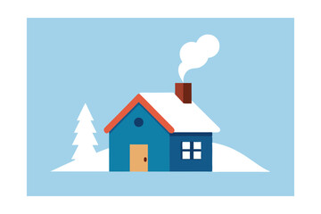 House with Snow-Covered Roof and Smoking Chimney Winter Illustration