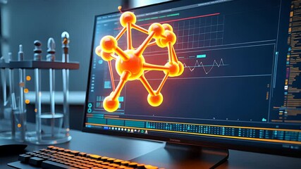 3D molecular structure on computer screen in scientific laboratory with digital data charts, test tubes, and advanced research interface

 - Powered by Adobe