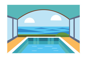 Fototapeta premium Indoor and Outdoor Pool Combo with Sea View Vector Illustration