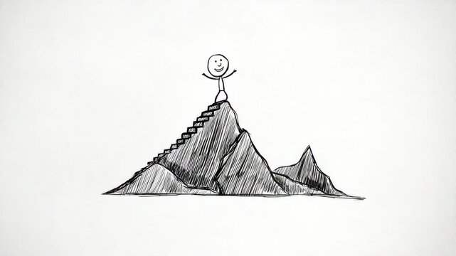 Stick figure triumphs at mountain summit while celebrating success and achievement in a creative illustration