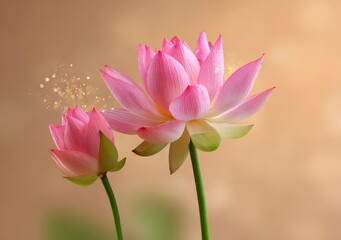 Two beautiful lotus flowers bloom with water droplets. Serenity, purity, spiritual growth, peace, enlightenment