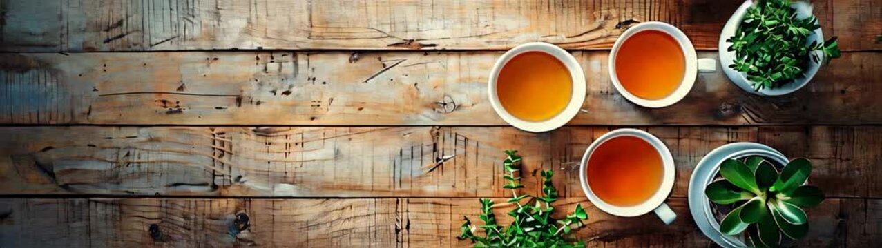 Сups of tea on a wooden table banner copy space