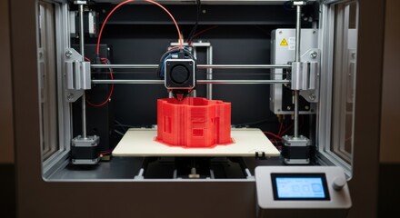 A 3D printer with a printed object made of red plastic, on the background of additive manufacturing and modernity