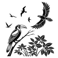 Tropical birds silhouette design element isolated on white