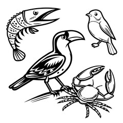 Black and white illustration of birds and seafood