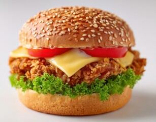 Crispy chicken burger with cheese, tomatoes, and lettuce on sesame bun. Fast food, junk food, takeaway, unhealthy eating, delicious indulgence.