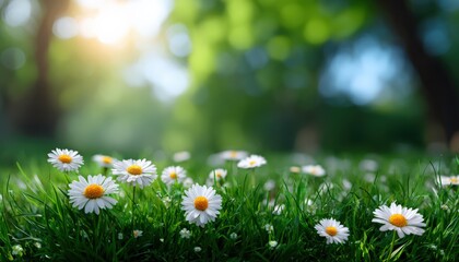 Daisies bloom in a sunlit field. Springtime, nature, floral, meadow, beauty, idyllic landscape
