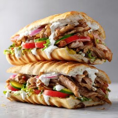 Two delicious sandwiches stacked on top of each other. Street food, fast food, cuisine, meal, snack.
