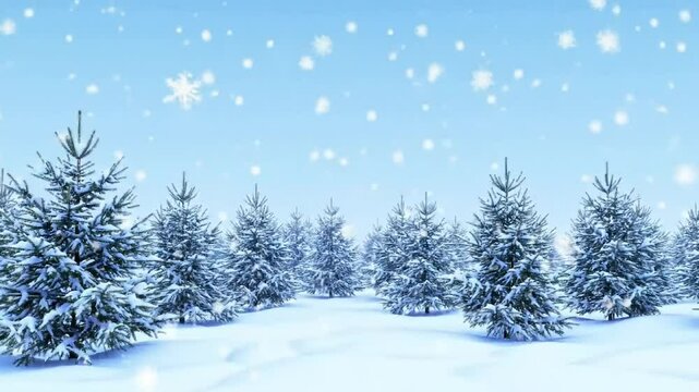 Winter wonderland scene with snow-covered evergreen trees. Peaceful snowy forest landscape with falling snowflakes. Serene winter landscape of pristine snow and blue skies.