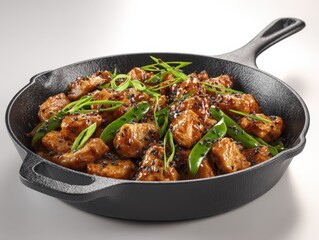 Delicious stir-fry meal presented in cast iron skillet. Asian cuisine, healthy eating, food photography, gourmet dining, restaurant style