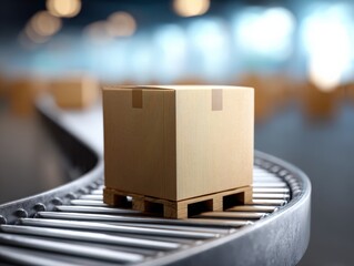 Package rides conveyor belt on small pallet. Logistics, shipping, distribution, production, transport