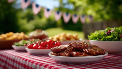 Picnic table laden with grilled meat and side dishes for a summer celebration. Outdoor dining, barbecue party, independence day, holiday feast, july fourth