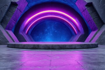 Space portal glows with neon colors in futuristic design. Modern architecture, technology, science fiction