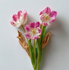 Pink tulips in full bloom show signs of wilting. Floral arrangement, still life, dying flowers, transient beauty.