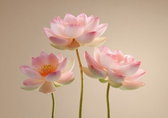Three lotus flowers bloom in a graceful arrangement. Floral beauty, serenity, meditation, peace, and spiritual symbolism.