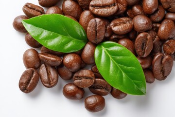 Coffee beans with fresh green leaves presented on white background. Premium coffee, arabica variety, freshness, natural product.