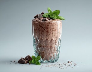 Chocolate dessert in glass with mint and dark chocolate. Sweet treat, gourmet food, delicious dessert, fancy cocktail