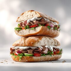 Two stacked sandwiches are filled with sliced meat and fresh vegetables. Gourmet lunch, delicious meal, stacked food, meat filling, healthy eating