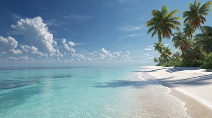 Tropical beach paradise with turquoise water and palm trees. Vacation destination, scenic landscape, summer getaway, relaxation
