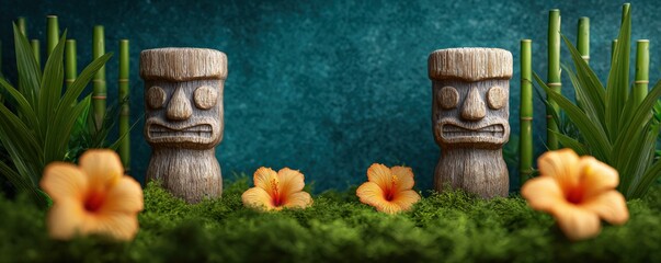 Two tiki statues stand among tropical flowers and bamboo. Hawaiian decor, luau party, vacation theme, Polynesian culture, decorative idols
