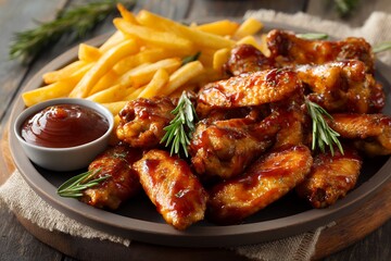 Crispy chicken wings with fries and rosemary garnish on rustic wooden table