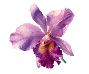 Watercolor Cattleya Orchid Flower Illustration - Delicate Floral Art with Purple and Pink Petals on White Background for Botanical Design