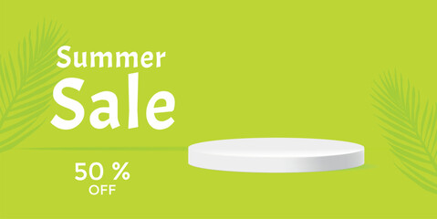 Summer sale banner. Card with podium on green background. 50% off. Poster for promo, marketing for business, online shopping. Vector illustration