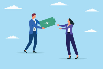 Obraz premium Vector illustration of a businessman giving a battery to his colleague, symbolizing energy transfer, support, empowerment, teamwork, and motivation in the workplace 