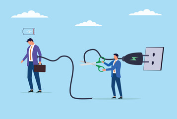 Vector illustration of a businessman cutting another businessman's charging cable with scissors, representing workplace sabotage, rivalry, or disruption of productivity
