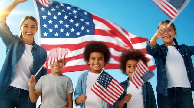 Joyful multicultural group celebrating with American flags. Diverse family Fourth of July patriotism with confetti. United States pride with smiling people and large flag backdrop.