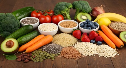 Top view of healthy foods on a rustic wooden table — fresh vegetables, seeds, fruits, and whole grains arranged naturally