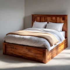 Wooden bed is neatly made with clean linens. Bedroom interior, comfortable furniture, modern decor, interior design, bedding, sleep, relaxation.