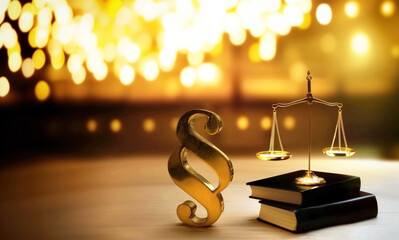 Golden Legal Symbols with Books and Gavel on Wooden Table