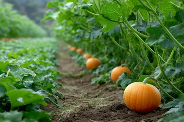 Vibrant pumpkin patch with lush greenery on farm