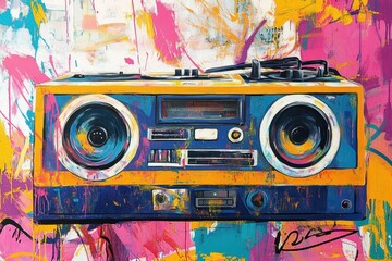 Vibrant graffiti artwork featuring a boombox celebrating street music culture and creativity, ghettoblaster graffiti stereo music artist painting