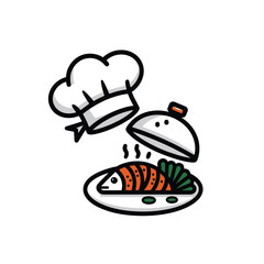 vector icons cooking food chef hat include a pizza slice, a sushi roll, spaghetti and meatballs, a curry bowl burger , fish 
