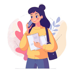 Smiling Student on Phone: A cheerful young student, holding textbooks and a shoulder bag, smiles brightly while talking on her mobile phone.  She exudes confidence and a positive attitude. 