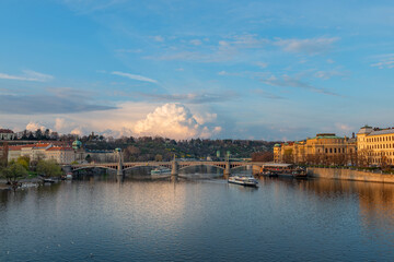 Picturesque view of the Vltava River in the center of the capital of the Czech Republic, Prague, on a spring day