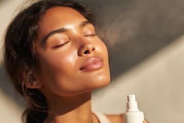 Woman sprays face with beauty mist, eyes closed. Skincare routine, wellness, self-care, beauty, moisturizer.
