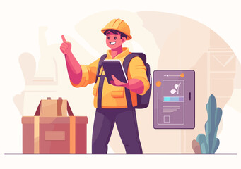 Construction Worker with Supplies: An animated construction worker, clad in a yellow uniform and helmet, stands beside a toolbox and tablet, pointing upwards with a confident gesture.
