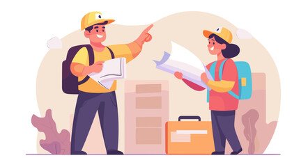 Delivery Team Collaboration: Depicting a male and female courier, map in hand, engaging in focused planning. This image showcases communication, collaboration, and dedication.