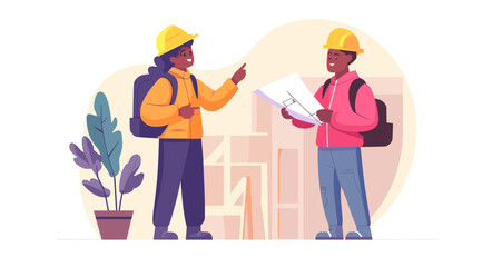 Construction worker discussion: Two construction workers, a man and a woman, are engaged in a discussion, reviewing blueprints and plans. They are wearing hard hats and backpacks.