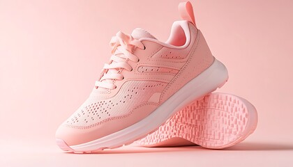 Pair of pink sneakers on pink background with copy space for text