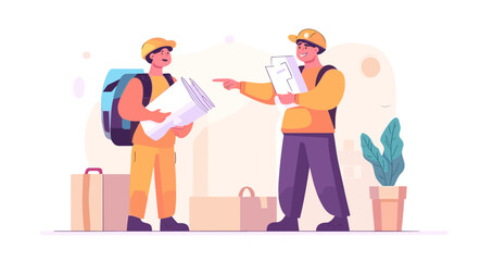 Delivery men discussing plan: Two delivery men in uniform and safety helmets review paperwork beside moving boxes and indoor plant in an vector illustration.