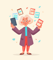 The Modern Data Maestro: An elderly individual, radiating intelligence, effortlessly manages multiple screens showcasing data and insights. Their focused expression suggests a mastery of information.