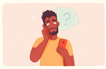 Pensive Man with Phone: A thoughtful man gazes at his phone, his face etched with curiosity and a question mark floating above, capturing a moment of contemplation and inquiry.