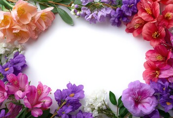 Obraz premium Flowers frame white space with colorful floral arrangements. Floral design, vibrant blossoms, white background, spring frame