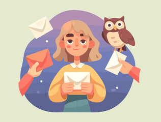 The Messenger and the Owl: A heartwarming scene presents a young woman and an owl in a lively interaction, the essence of communication. The artwork exudes a simple yet inviting aura.